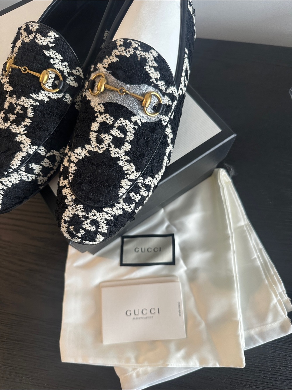 Gucci Black & White GG Embroidered Horsebit Loafers - Picture 3 of 5
